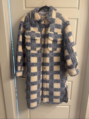 Anthropology Cozy Plaid Shacket Jacket in Cream, Blue & Lavender